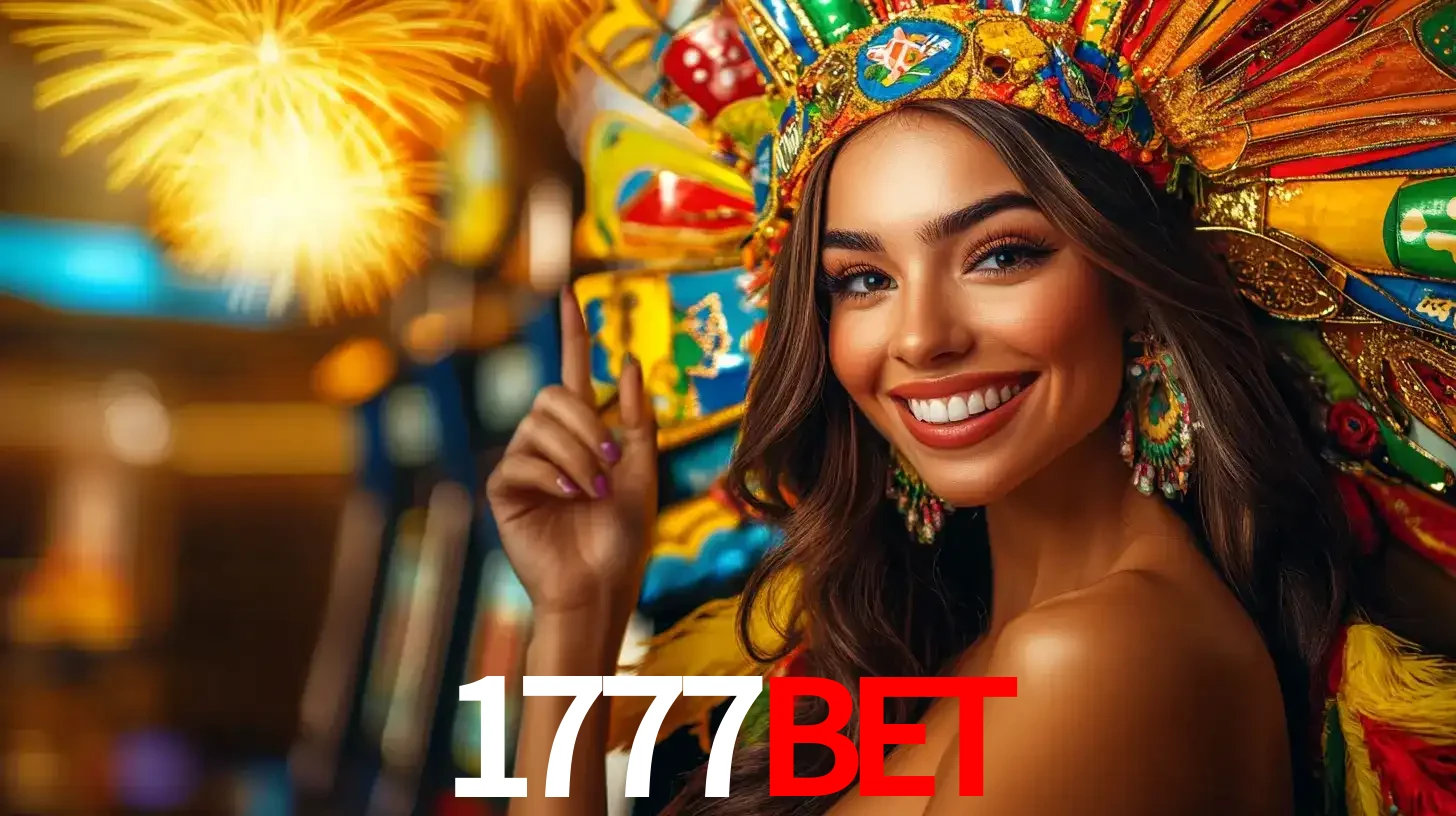 Mulher sorridente com um cocar de carnaval vibrante e colorido, celebrando uma grande vitória nos jogos do cassino 1777BET com fogos de artifício ao fundo.