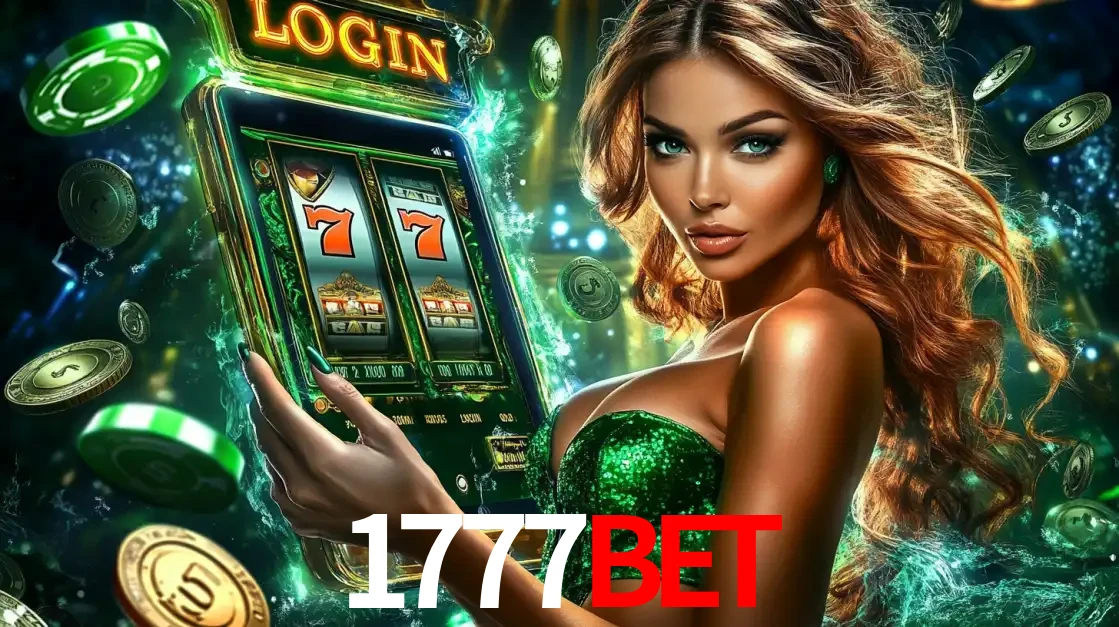 Mulher com tema verde apresentando o aplicativo do cassino 1777BET com um jogo de slot de 777, cercada por fichas de cassino e uma aura de sorte.