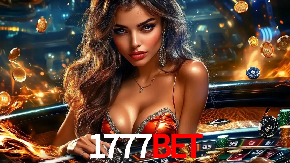 Mulher glamourosa em uma mesa de roleta com um fundo de chamas e moedas voadoras, pronta para fazer sua aposta e ganhar grandes prêmios no cassino ao vivo 1777BET.