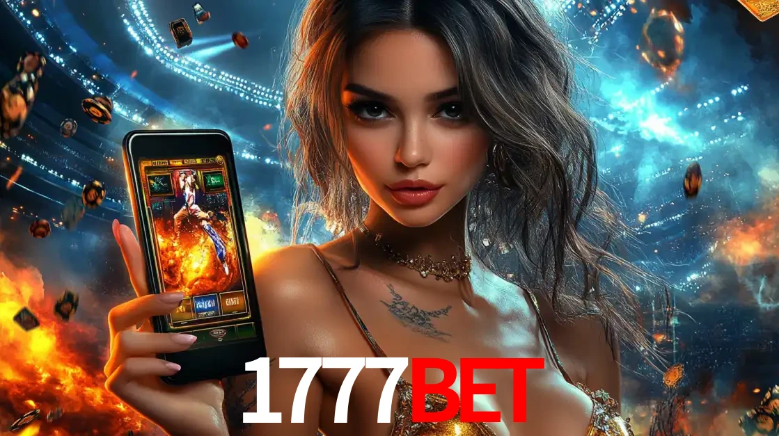 Mulher segurando um celular com um jogo de slot em destaque, tendo como fundo um estádio vibrante, simbolizando a emoção de jogar no cassino móvel 1777BET.